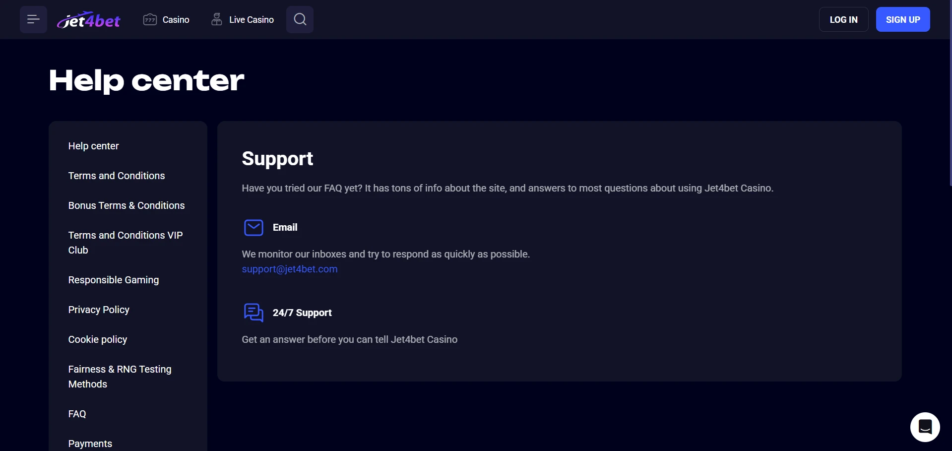 Jet4bet support page with contact options