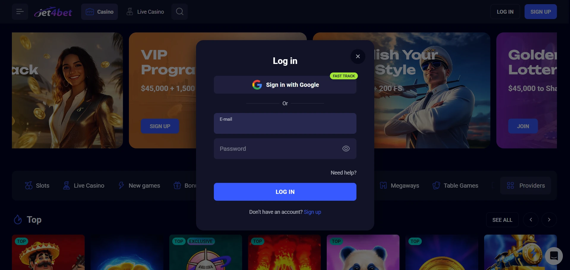 Jet4bet login form on the Australian site
