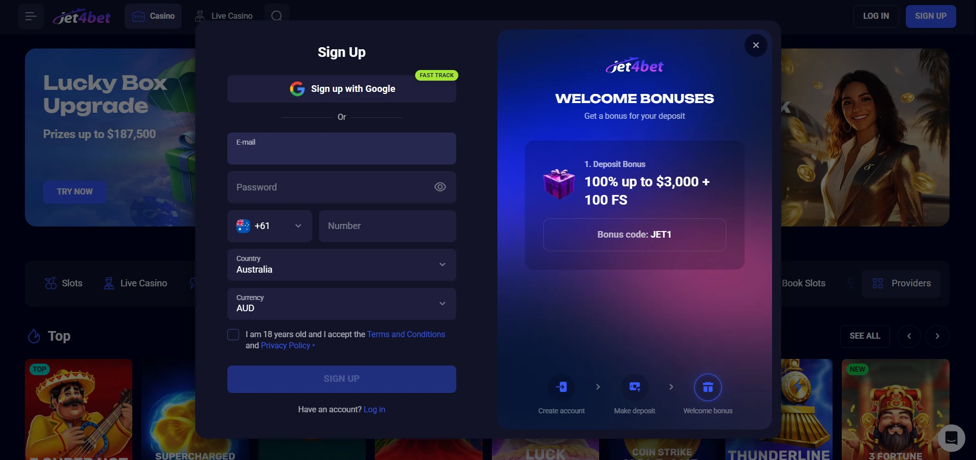Jet4bet registration form